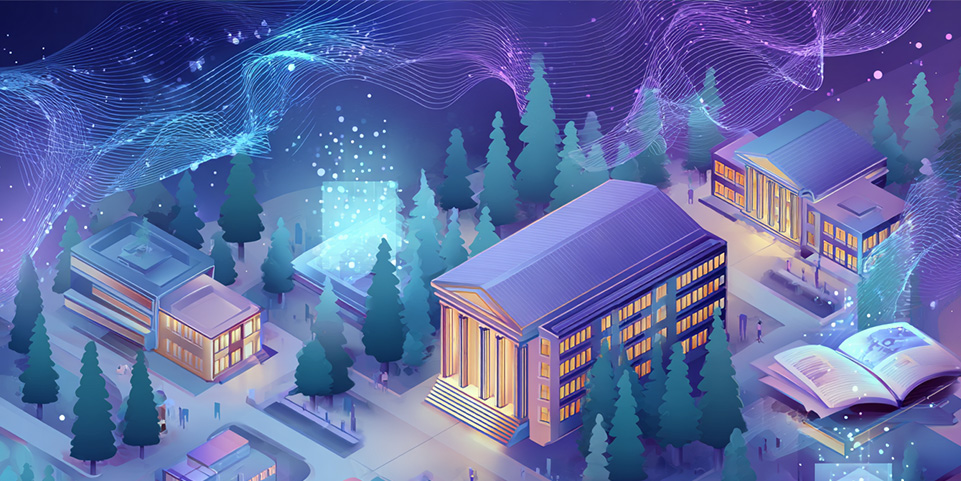 Stylised illustration of AI reshaping higher education, with students connected globally through holograms, virtual classrooms, and futuristic university technology.